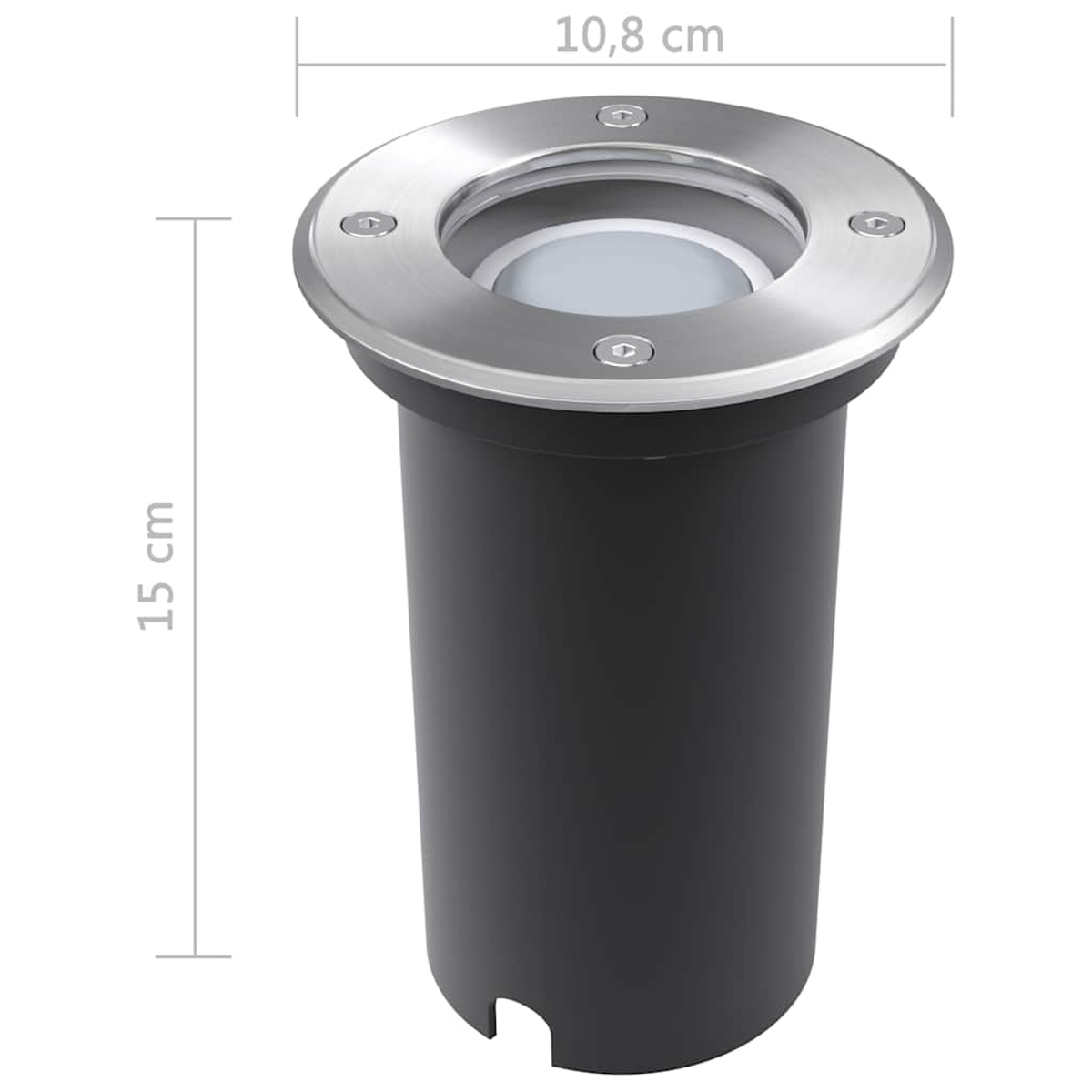 Apparecchio di illuminazione per esterni con dimensioni etichettate. Bordo argentato e corpo nero.
