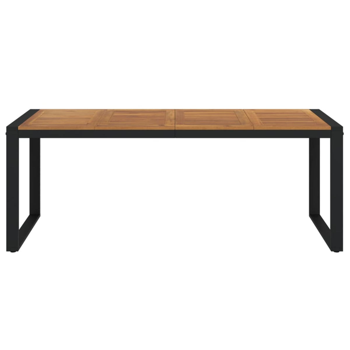 Langer Holztisch mit schwarzem Rahmen. Braune Holzplatte. Weißer Hintergrund.