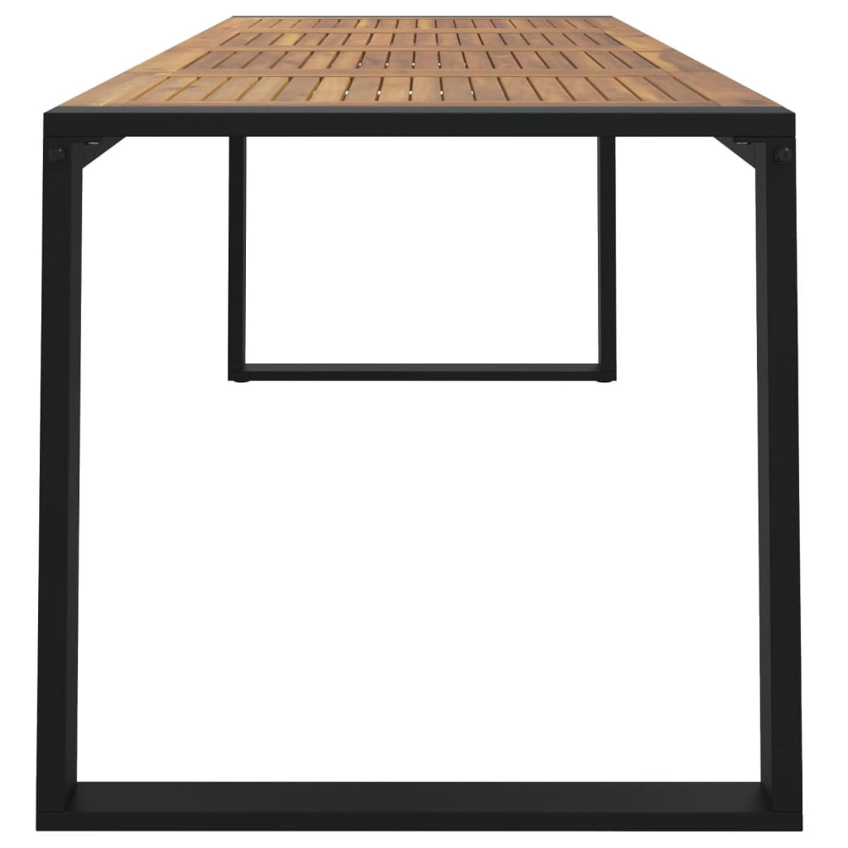 Langer Holztisch mit schwarzem Rahmen. Braune Holzplatte. Weißer Hintergrund.