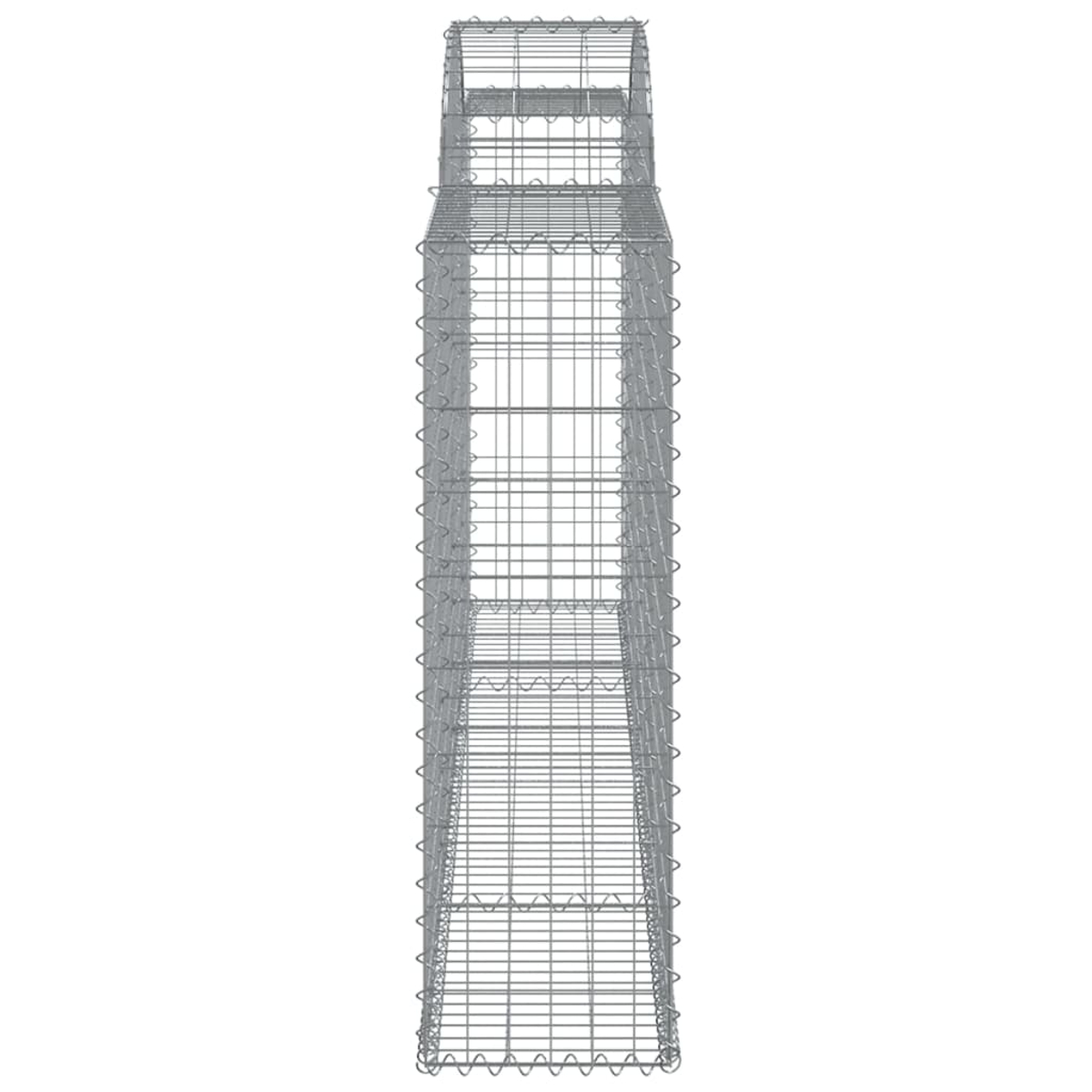 Hoher, rechteckiger Gabionenkorb aus Metalldraht. Offenes Design, geeignet für Landschaftsbau.