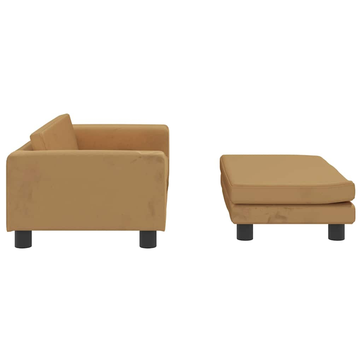 Kamelfarbenes Sofa und Ottomane, Seitenansicht. Beide haben schwarze Beine.