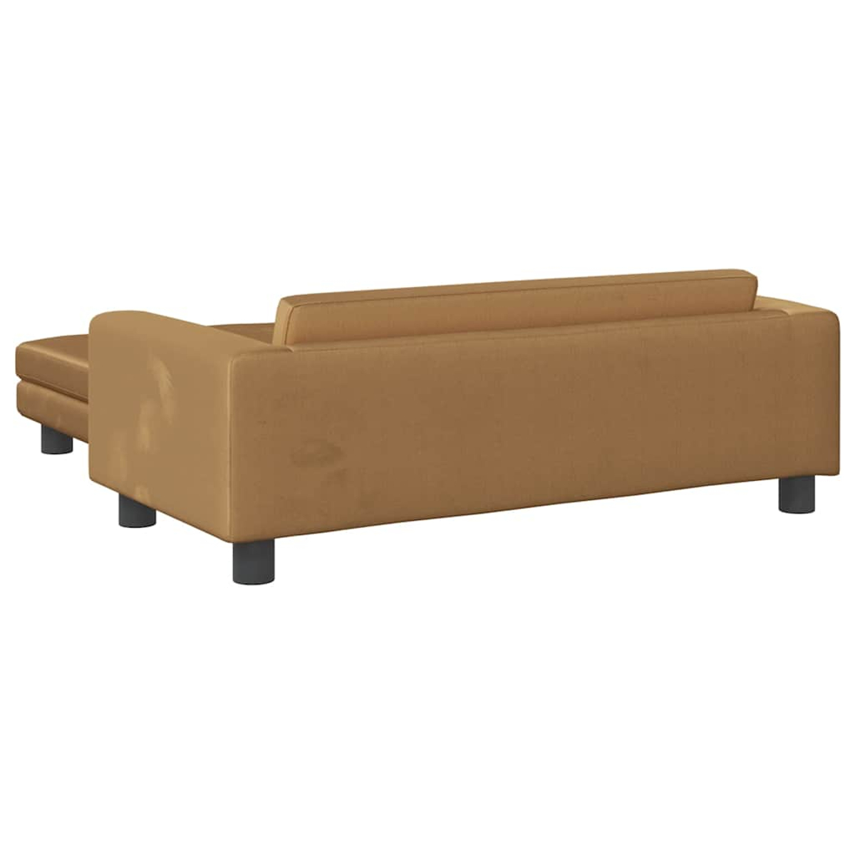 Hellbraunes Sofa mit schwarzen Beinen, Rückansicht. Modernes Design, neutrale Farbe, Heimdekoration.