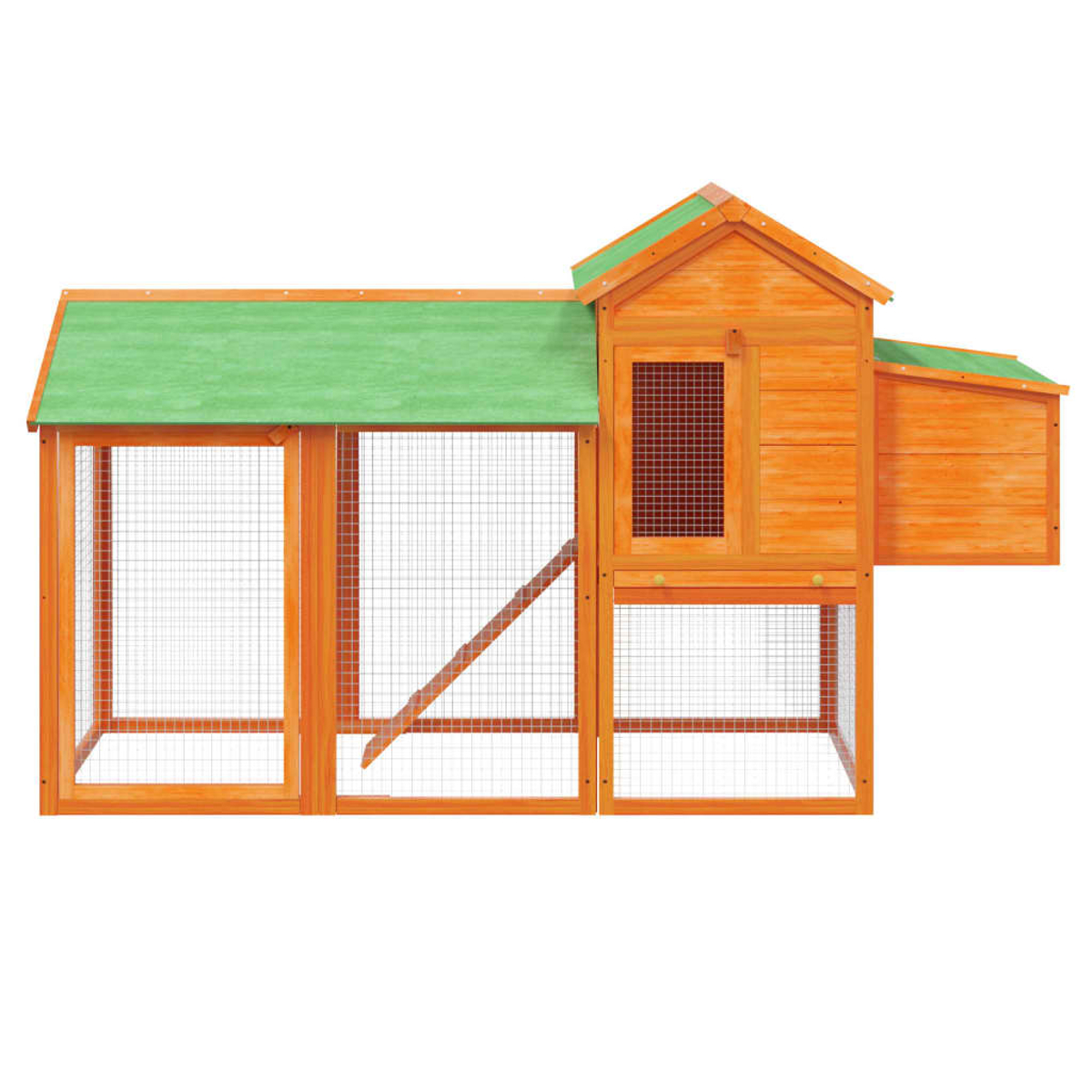 Hühnerstall aus Holz mit grünem Dach, Rampe und Drahtgitterwänden.