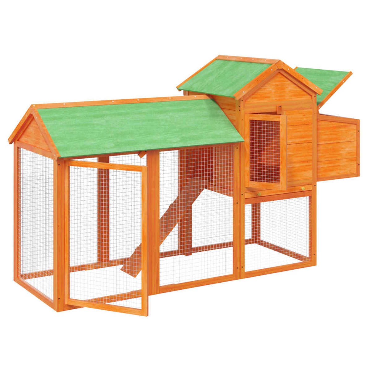 Hühnerstall aus Holz mit grünem Dach und offener Tür. Orangefarbenes Holz und Drahtgeflecht.