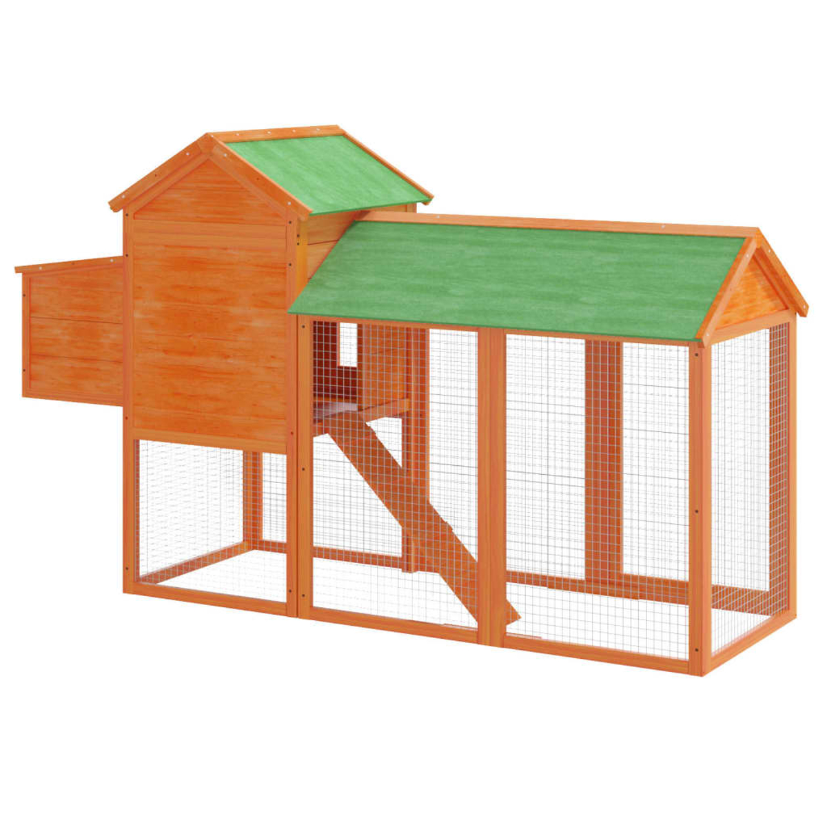 Hühnerstall aus Holz mit grünem Dach. Konstruktion aus orangefarbenem Holz und Drahtgeflecht.