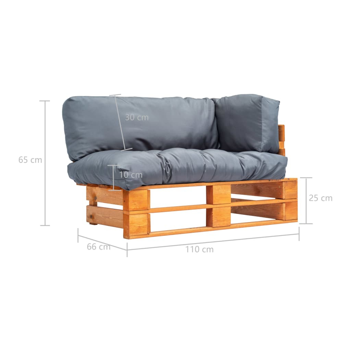 Eck-Palettensofa aus Holz mit Maßen. Es hat graue Kissen und Holzrahmen.