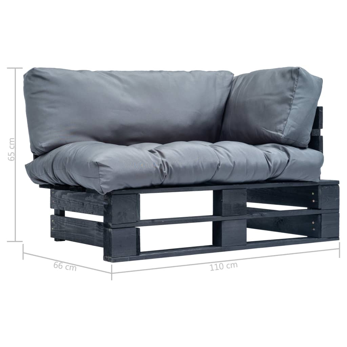 Graues Ecksofa mit Kissen aus dunklen Holzpaletten mit Abmessungen. Weißer Hintergrund.