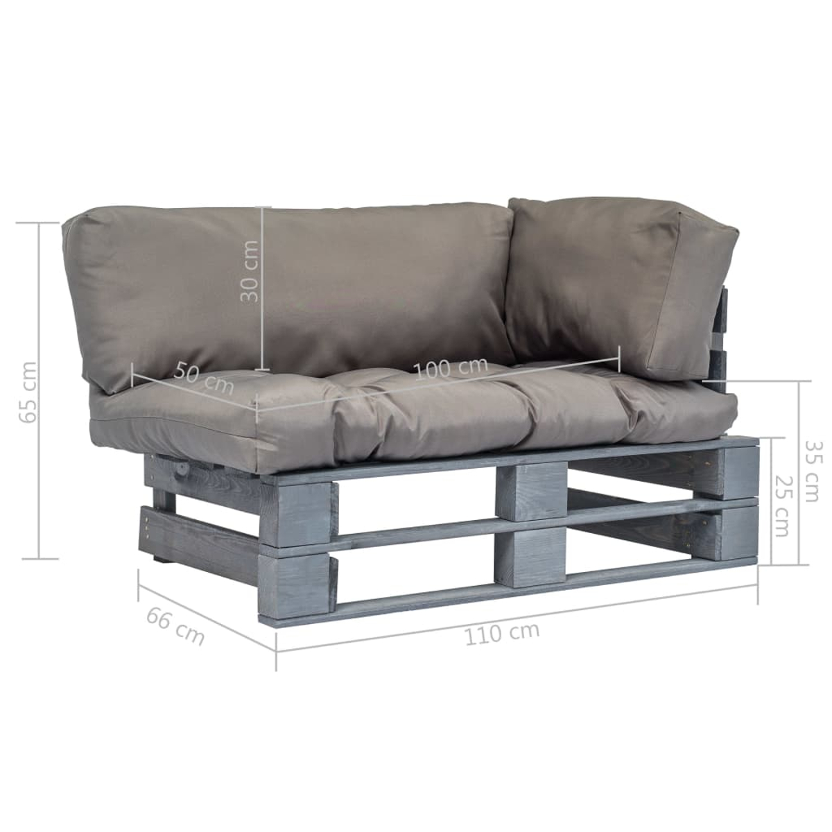 Ein Ecksofa aus grauen Holzpaletten mit Abmessungen in cm. Graue Kissen und Rückenlehne.