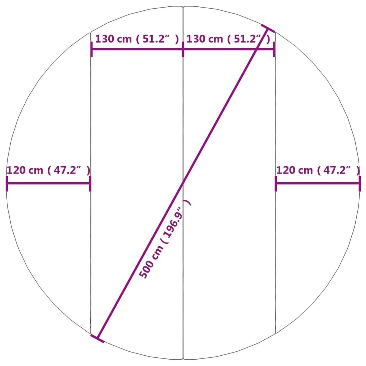 Diagramm eines Kreises mit Abmessungen und Linien, weißer Hintergrund.