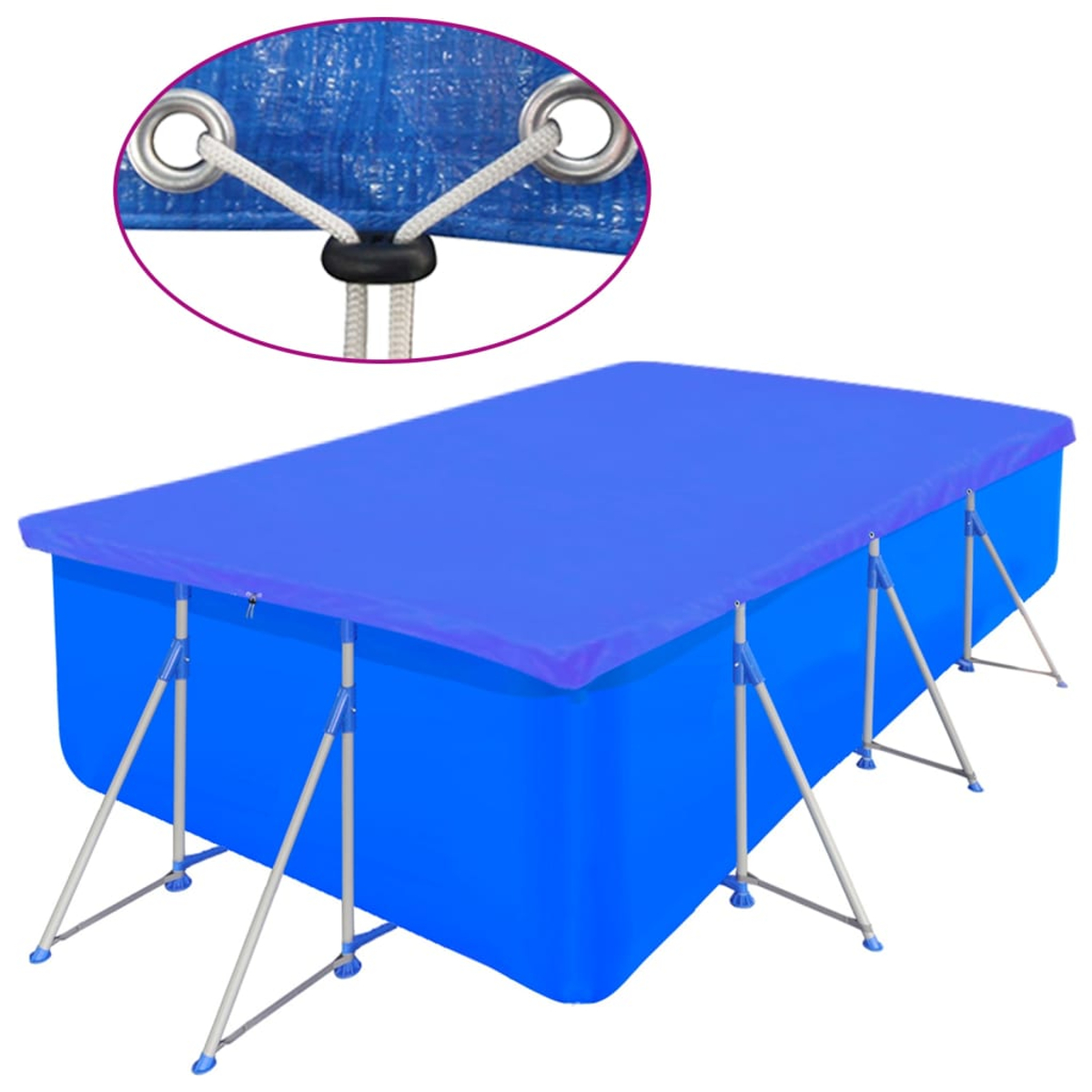 Nahaufnahme einer blauen Poolabdeckung mit Seil und Ösen.