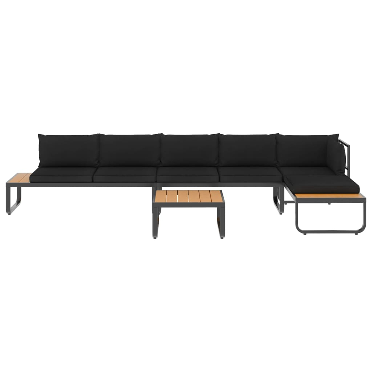 Gartenmöbel-Set mit schwarzen Kissen und einem Holztisch.