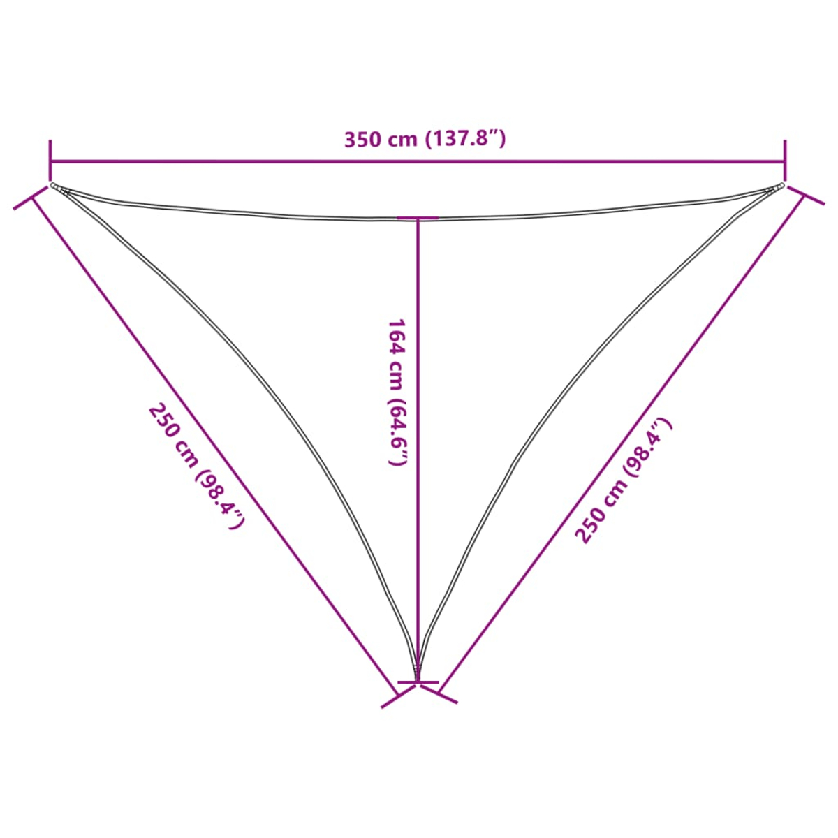 Dreieckiger Sonnenschutz in Weiß, mit Abmessungen. 350 cm breit, Seiten 250 cm lang.