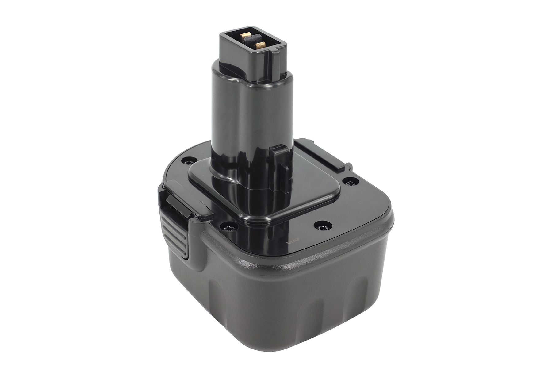 Schwarzer Akku für einen Akkubohrer, rechteckige Form, mit schwarzem Oberteil und Stecker.