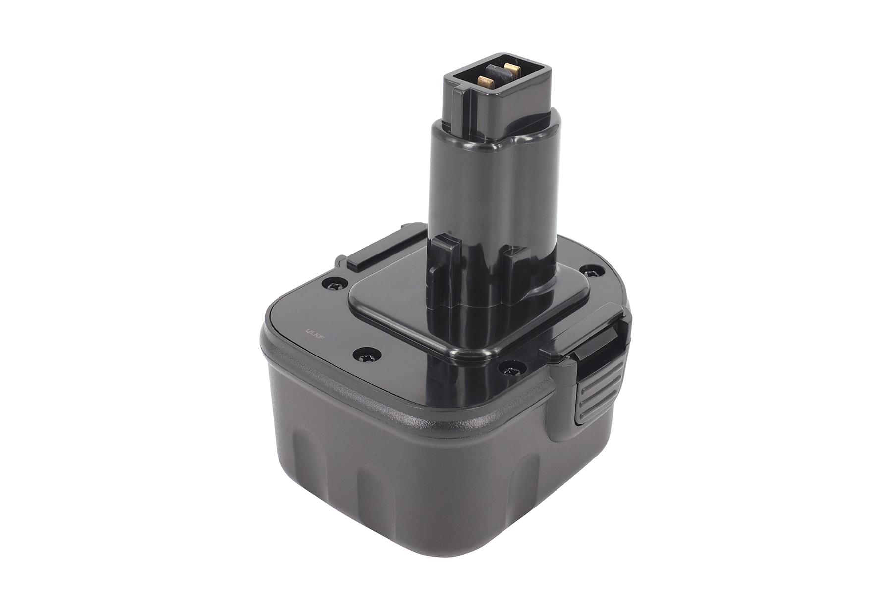 Schwarzer Akku für einen Akkubohrer, rechteckige Form, mit schwarzem Oberteil und Stecker.