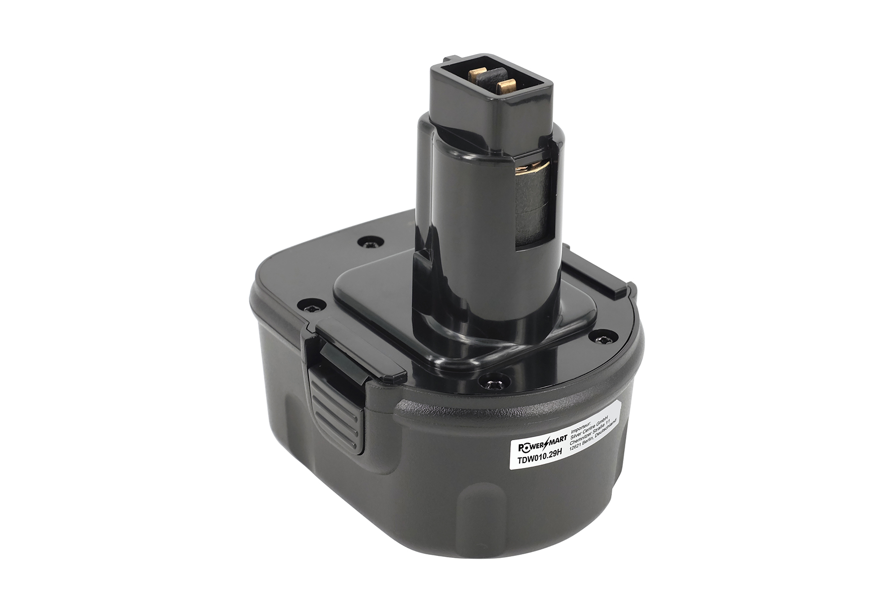 Schwarzer Akku für einen Akkubohrer, mit Etikett POWER MART TCW916-20H.