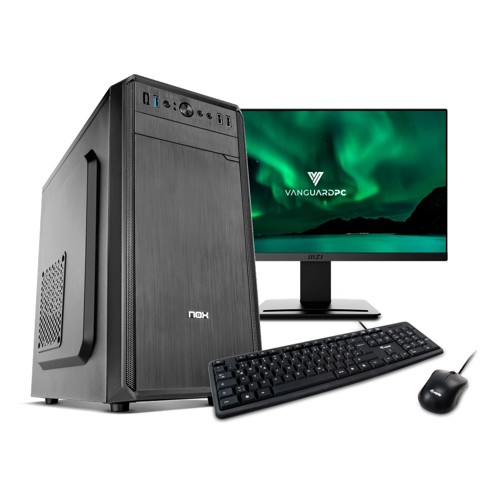 Una configuración de computadora de escritorio negra con un monitor que muestra una escena de paisaje y periféricos.