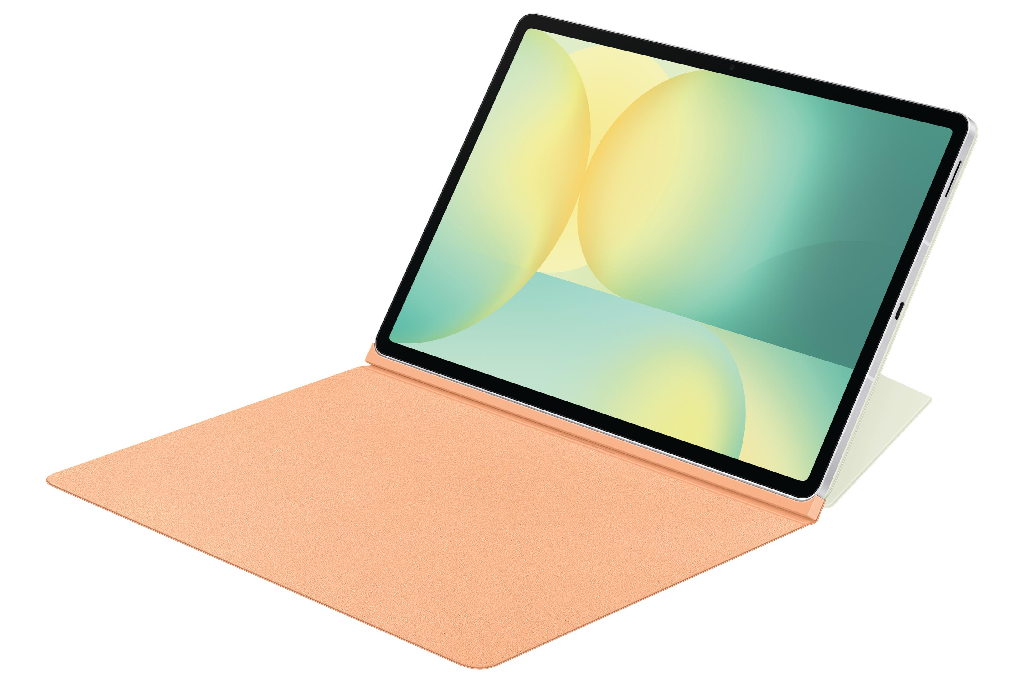 Tableta con funda naranja sobre fondo blanco. Pantalla muestra degradado amarillo, verde y turquesa.