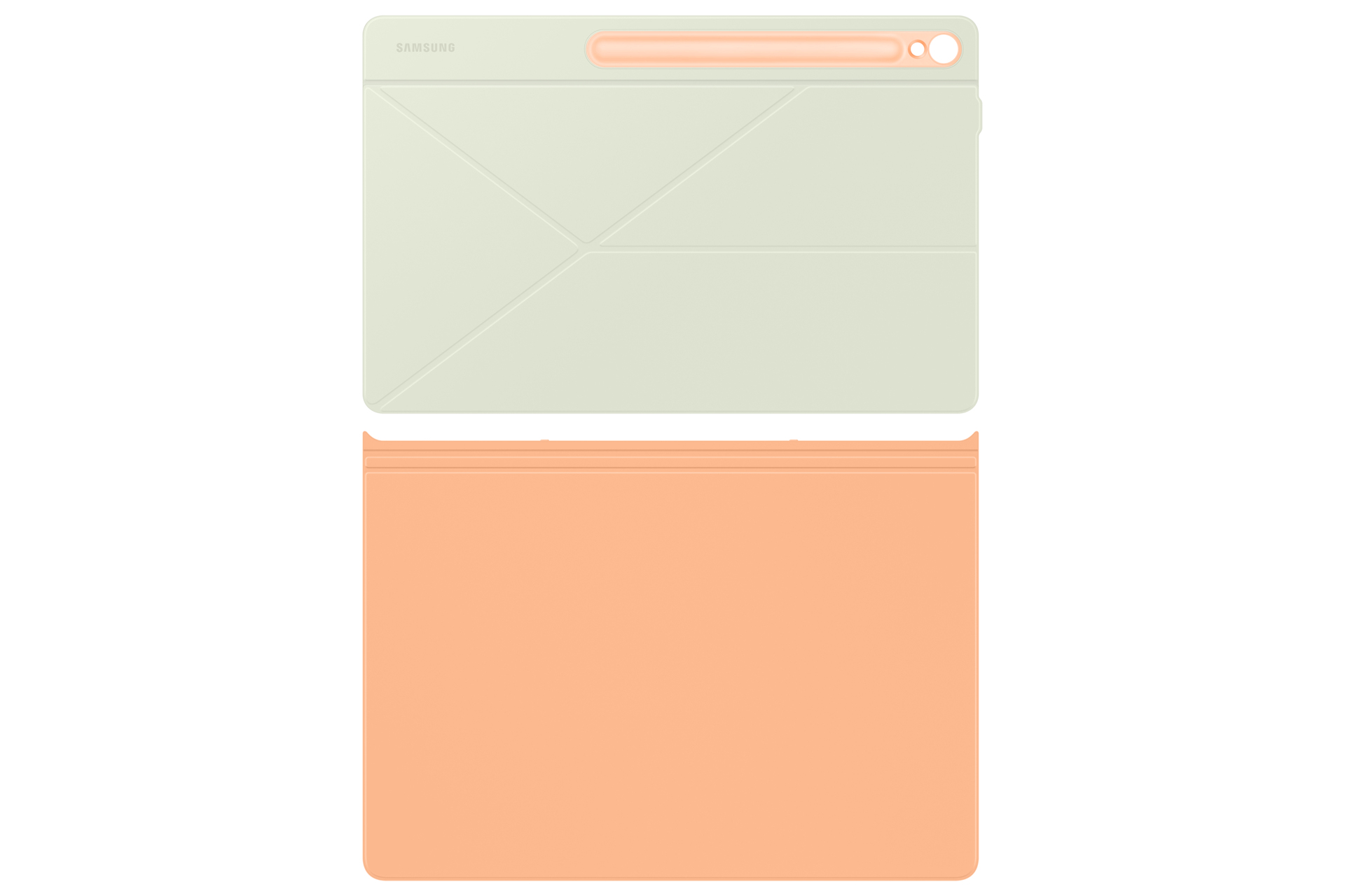 Una custodia beige per tablet con portapenne attaccato, aperta.