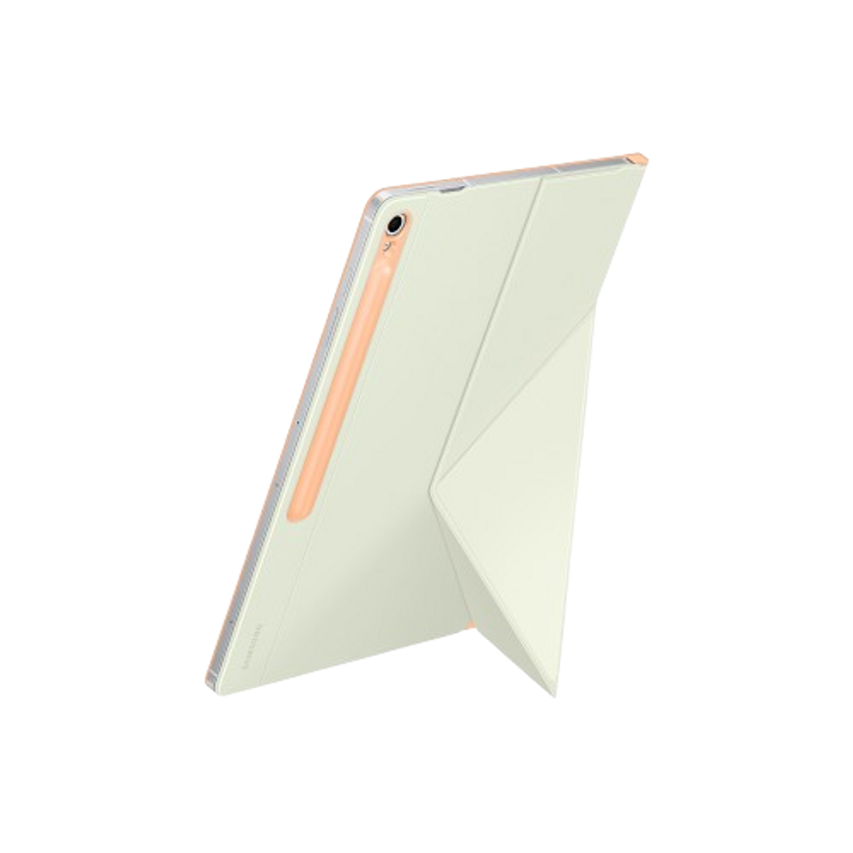 Tablet in una custodia, angolato. Custodia verde chiaro e bianca con penna arancione chiaro.