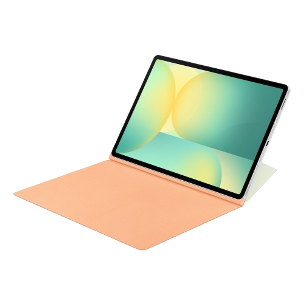 Tablet con schermo aperto e custodia. Schermo verde e giallo, custodia arancione chiaro.