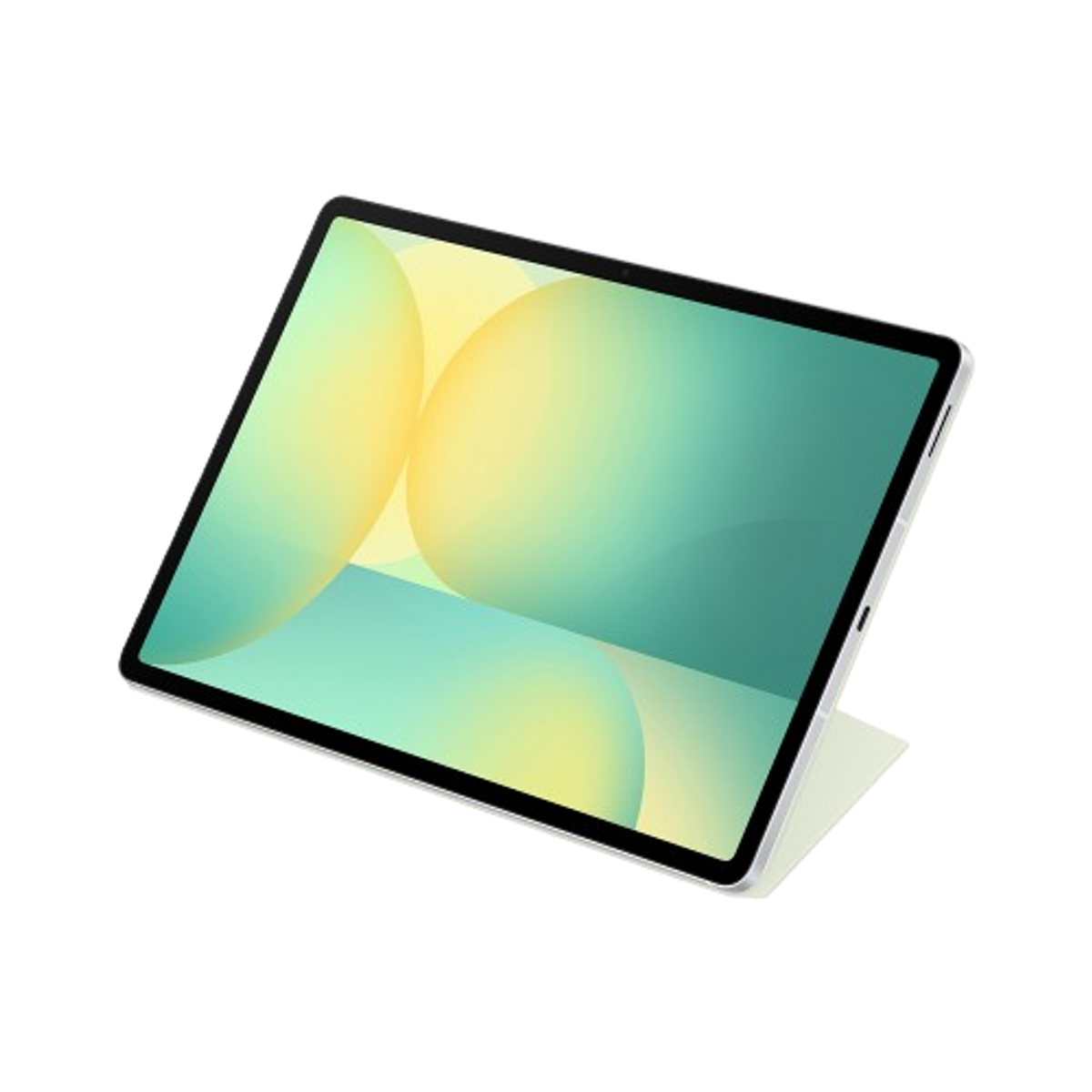Tablet con schermo che mostra forme astratte verdi e gialle. Sfondo nero.