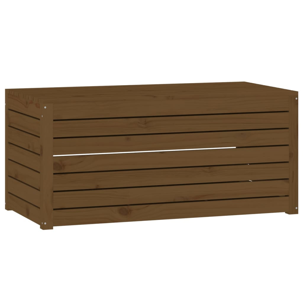 Eine braune Holzkiste. Es hat ein Latten-Design und ist rechteckig.