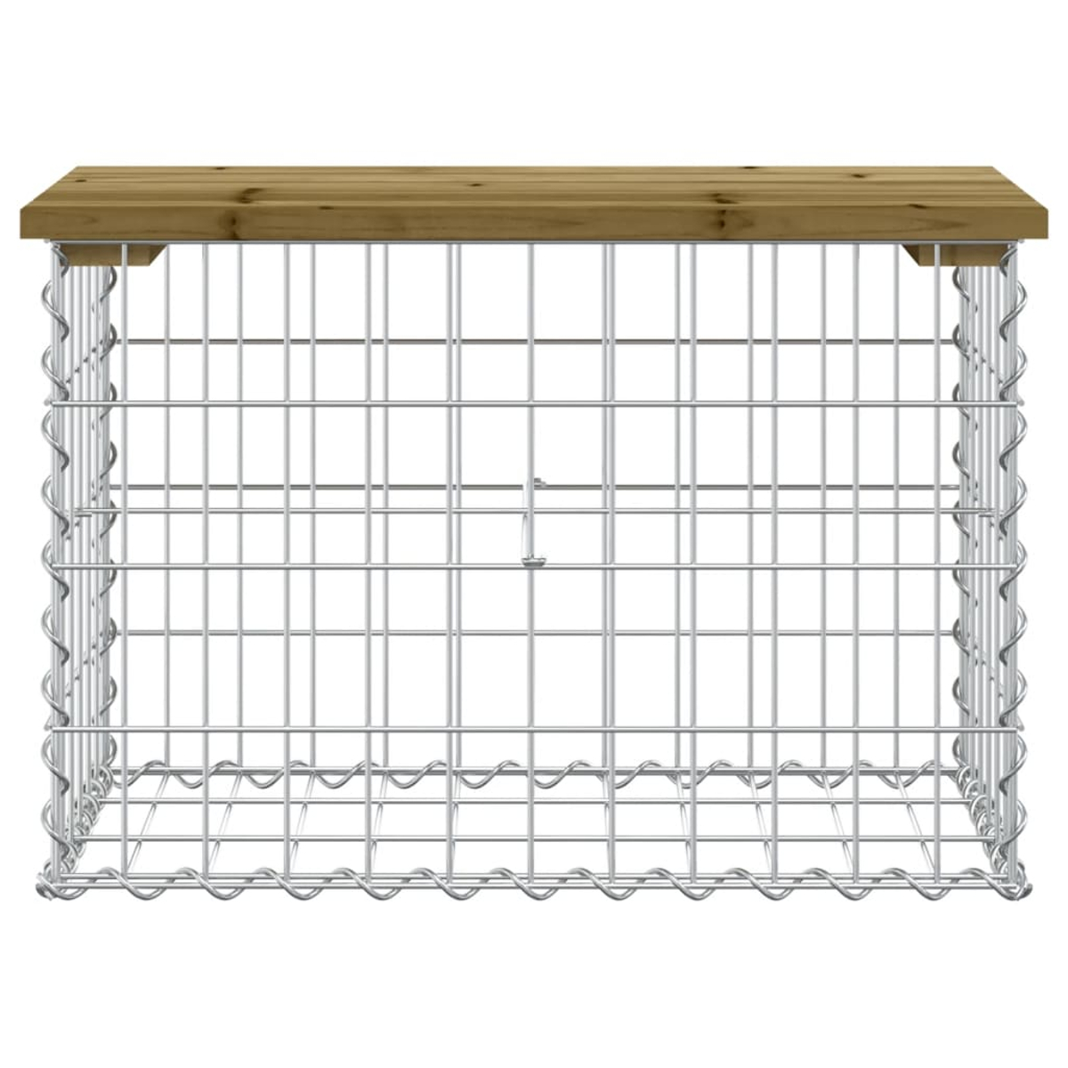 Gabionen-Pflanzkübel mit Holzdeckel und Drahtrahmen, Vorderansicht.