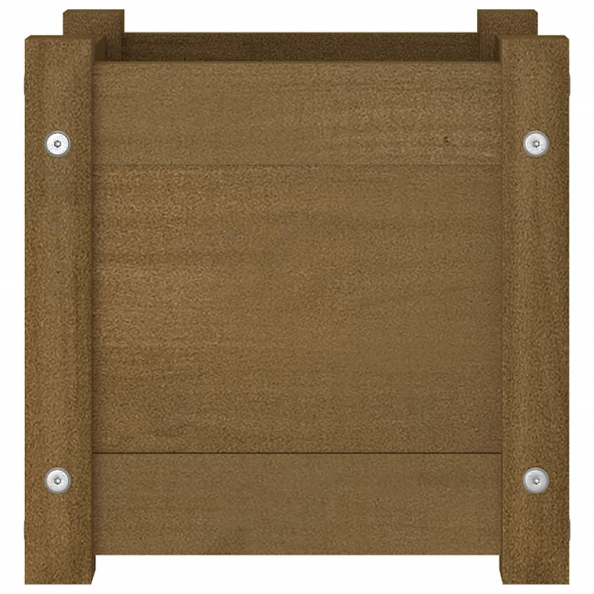 Eine braune Holz-Pflanzkasten, Draufsicht. Sichtbar sind die Seitenwände und Holzbretter am Boden.
