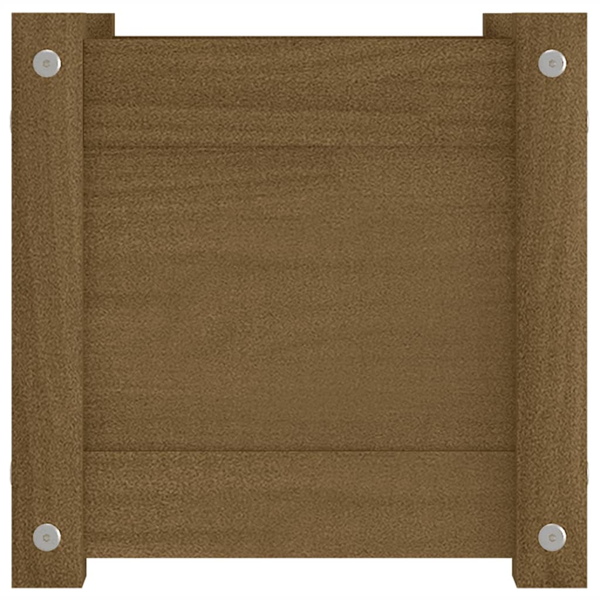 Quadrat aus Holz. Braune Farbe mit sichtbaren Maserungen. Vier Metallbolzen sichtbar. Nahaufnahme.