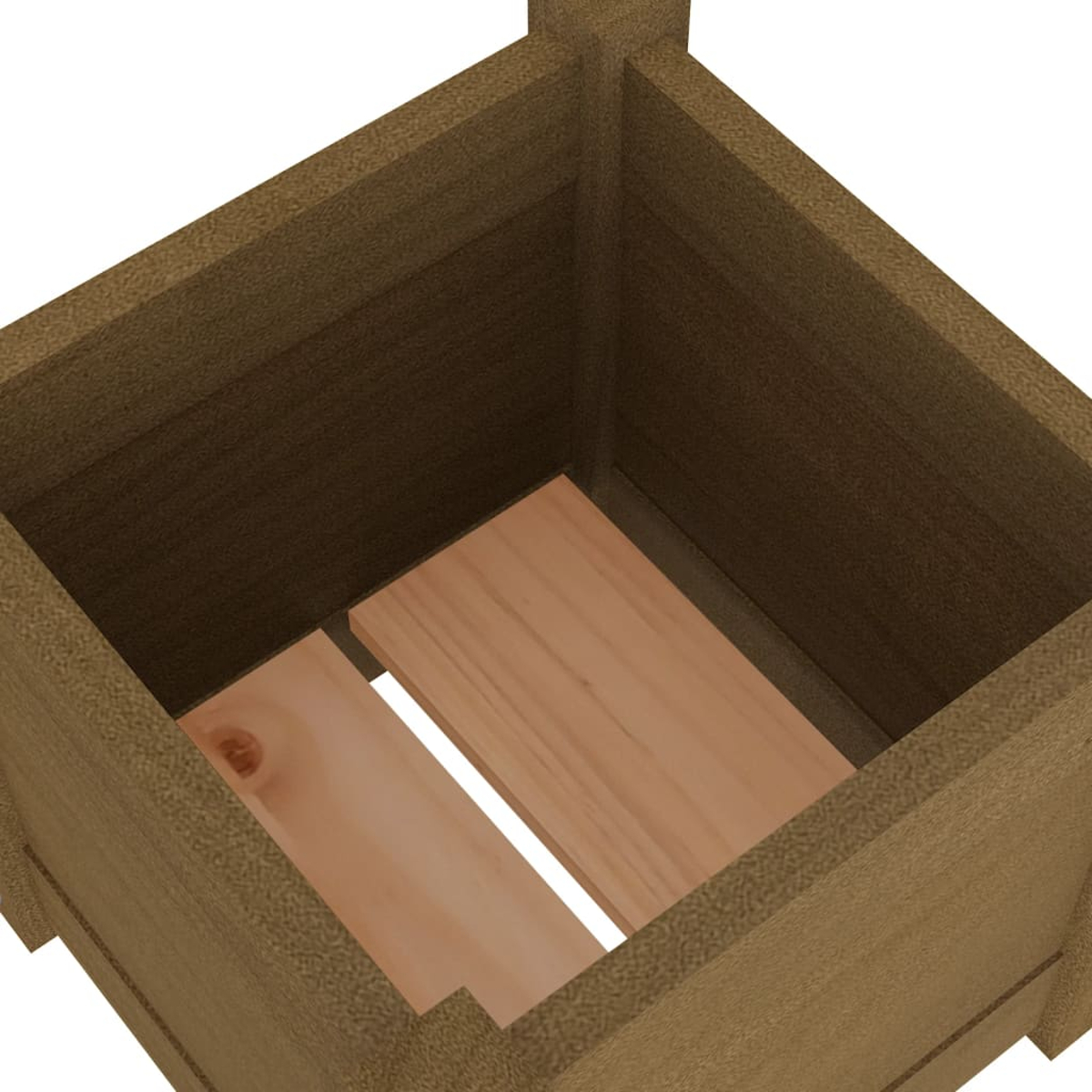 Ein brauner Pflanzkasten, Innenansicht. Am Boden befinden sich Holzbretter.