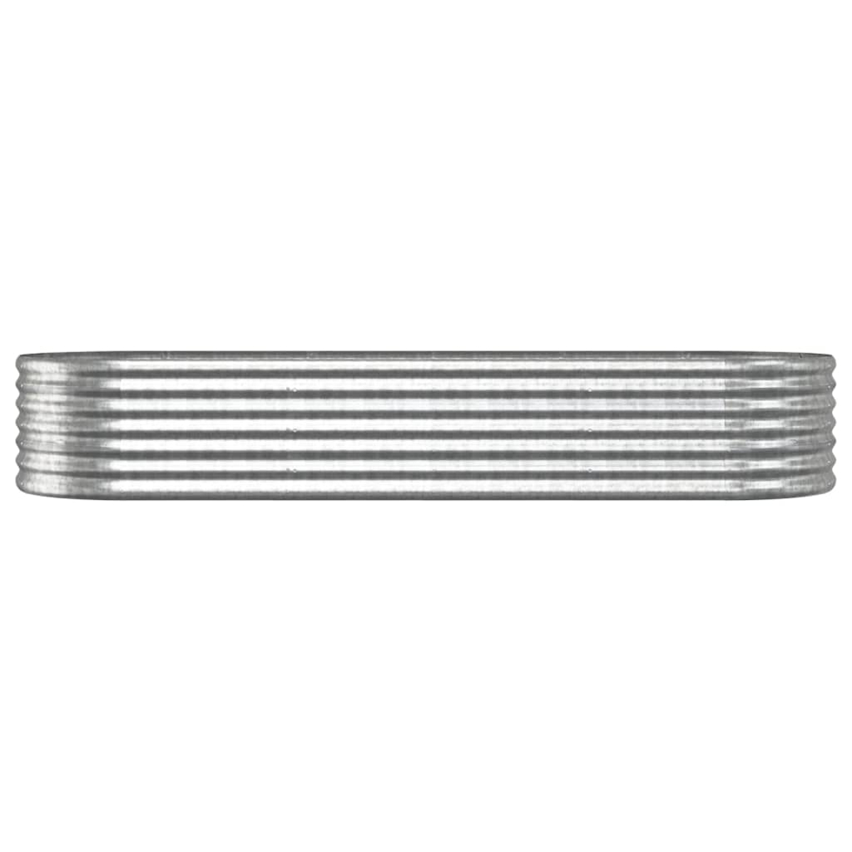 Eine lange, silberne Metallpflanzkasten mit horizontalen Rippen. Der Hintergrund ist schlicht weiß.
