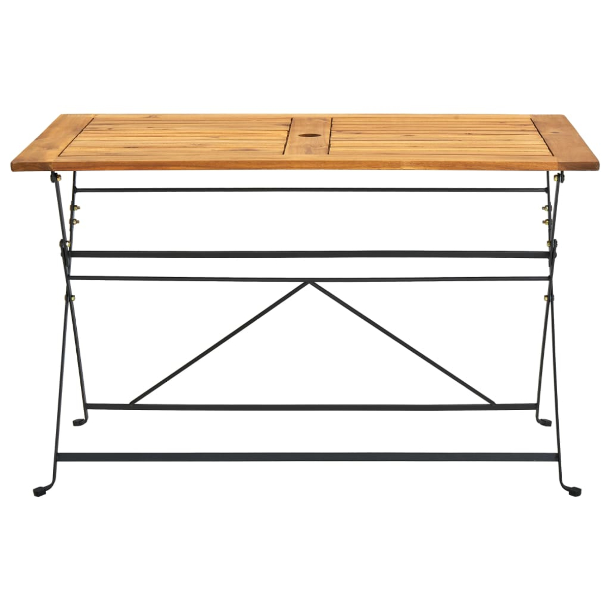 Ein rechteckiger Holztisch mit Loch. Schwarze Metallbeine. Weißer Hintergrund.