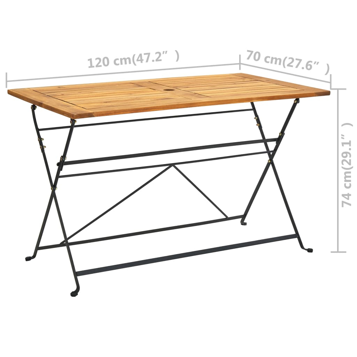 Klapptisch aus Holz mit Loch. Schwarze Metallbeine. Abmessungen sind beschriftet. Weißer Hintergrund.