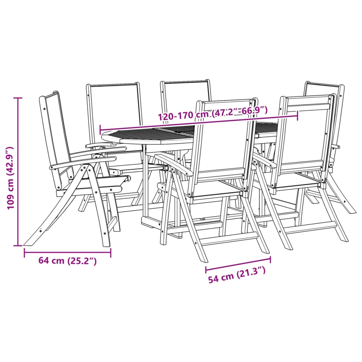 Un set da pranzo in legno per esterni con tavolo allungabile e sei sedie con schienali in tessuto bianco. Le dimensioni sono mostrate.