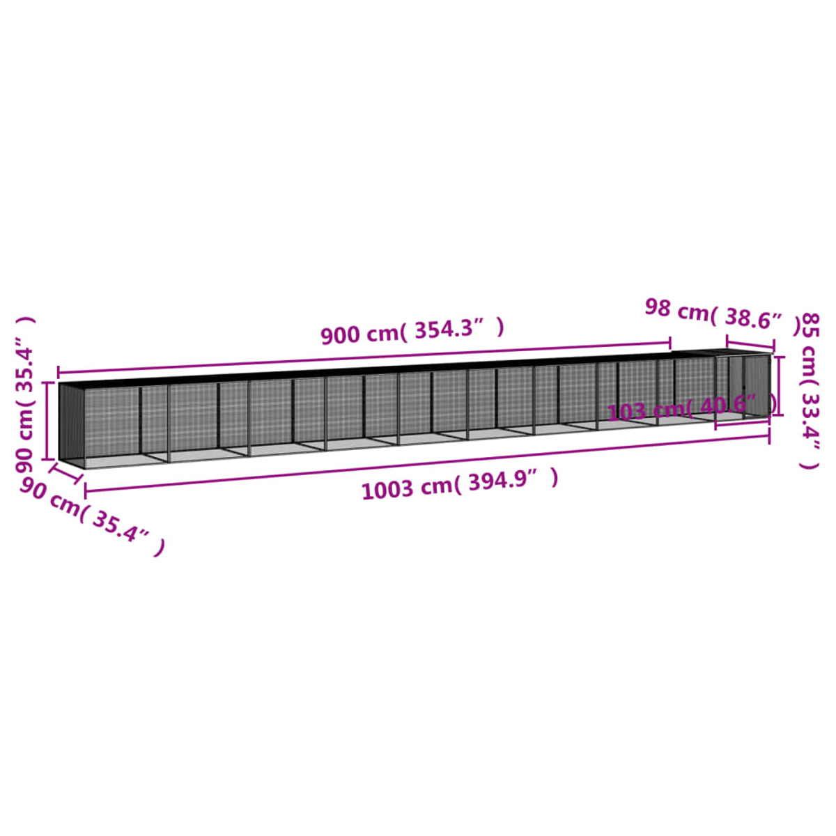 Ein langer, rechteckiger Maschendrahtzaun, Abmessungen in Zentimetern: 1003 cm lang, 90 cm hoch, 98 cm breit.