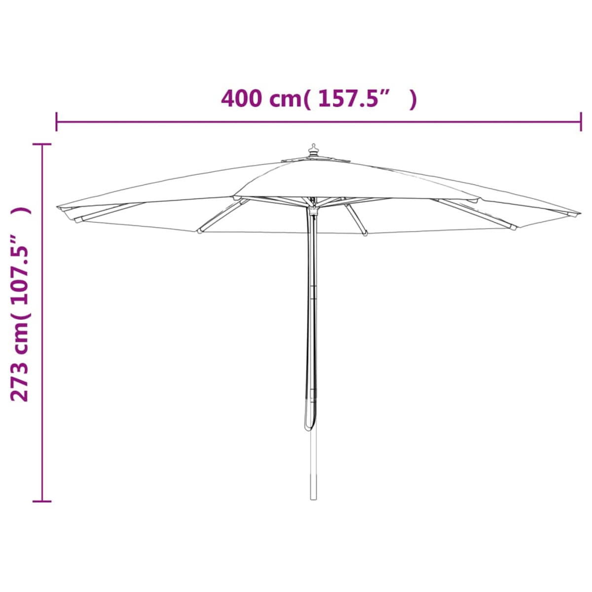 Ein großer, offener Schirm mit beschrifteten Abmessungen. Der Schirm ist weiß.