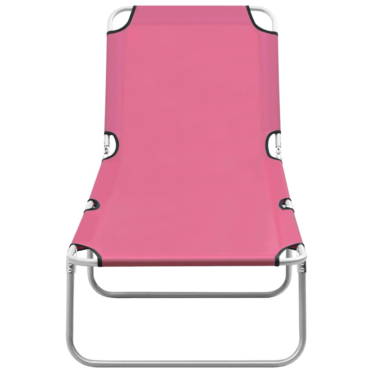 Ein rosa Strandstuhl mit silbernem Rahmen. Er ist aufgebaut.