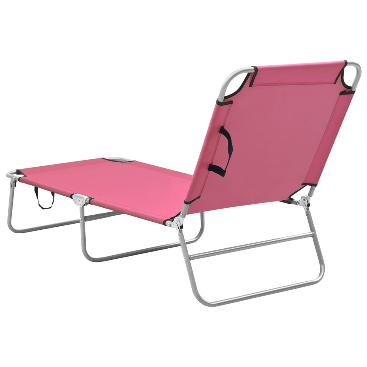 Pinkfarbener Strandstuhl, zusammengeklappt. Metallrahmen. Die Rückenlehne ist zurückgelehnt.