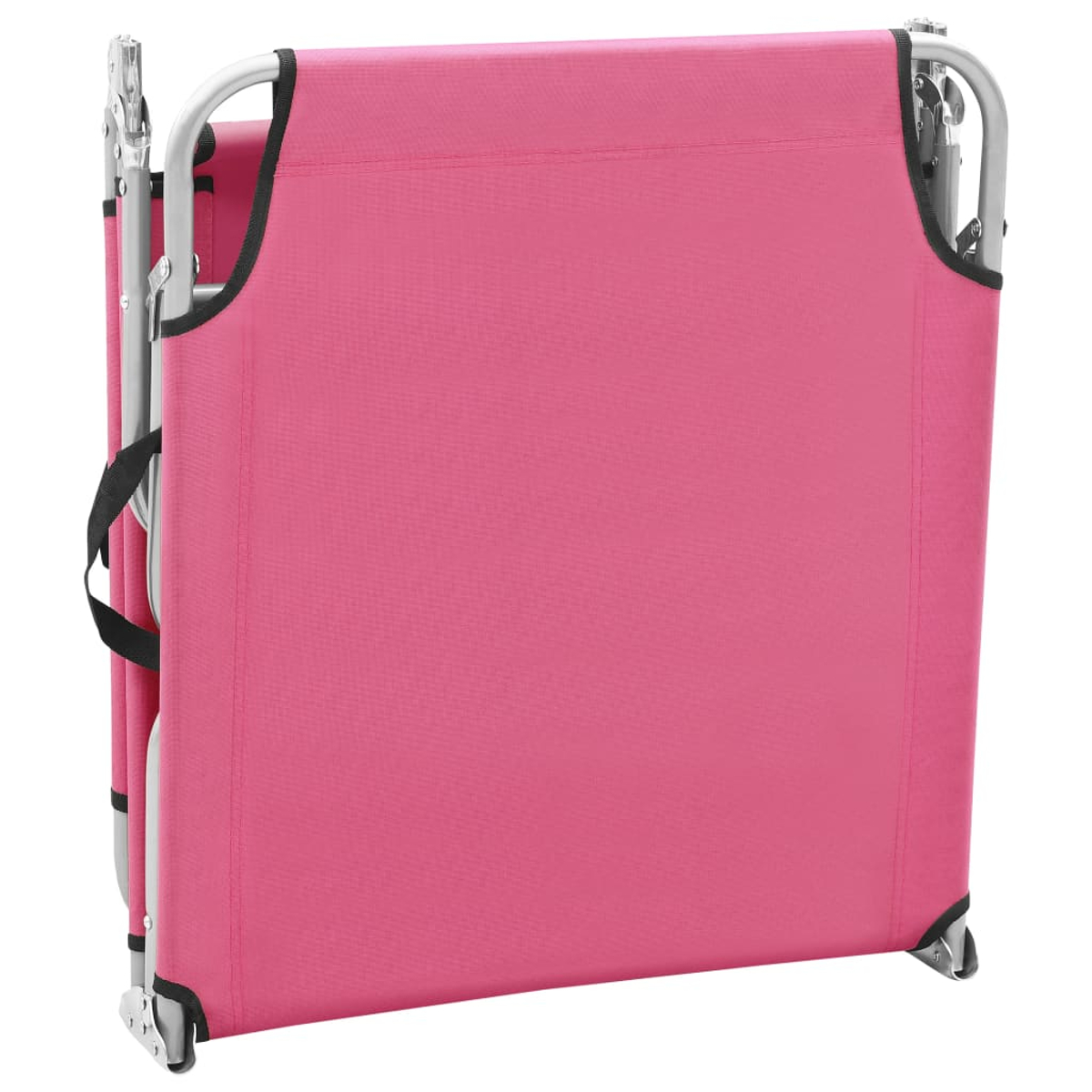 Ein rosa zusammenklappbarer Strandstuhl, geschlossen. Silberrahmen mit schwarzer Verkleidung.