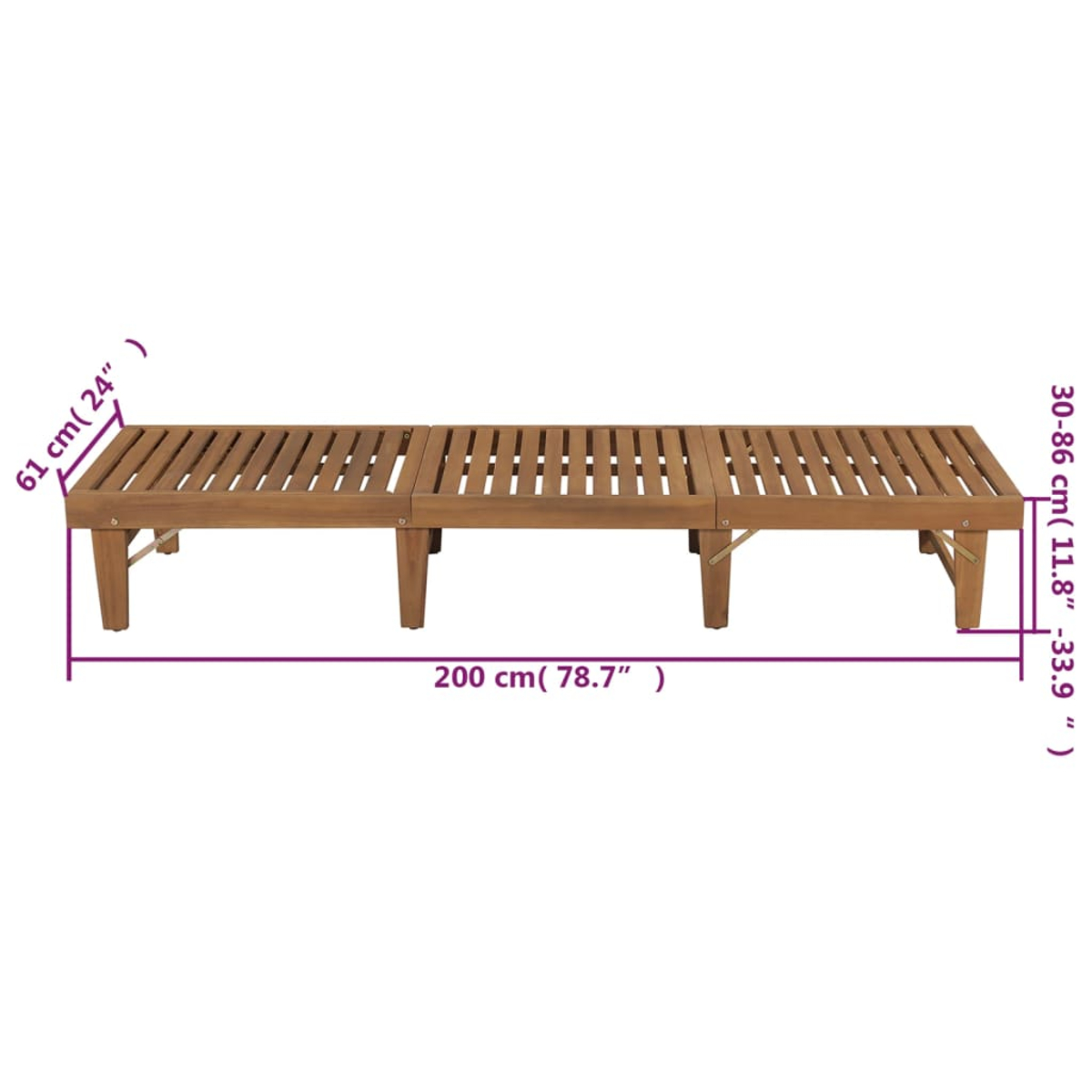 Holz-Lounge-Bett für den Außenbereich mit Latten. Braun. Abmessungen sind beschriftet.