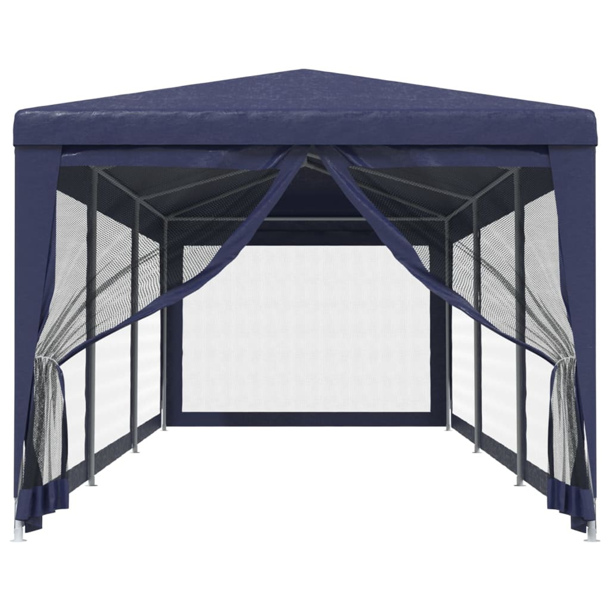 Blauer Pavillon mit Netzseiten und dreieckigem Dach. Die Struktur ist offen.
