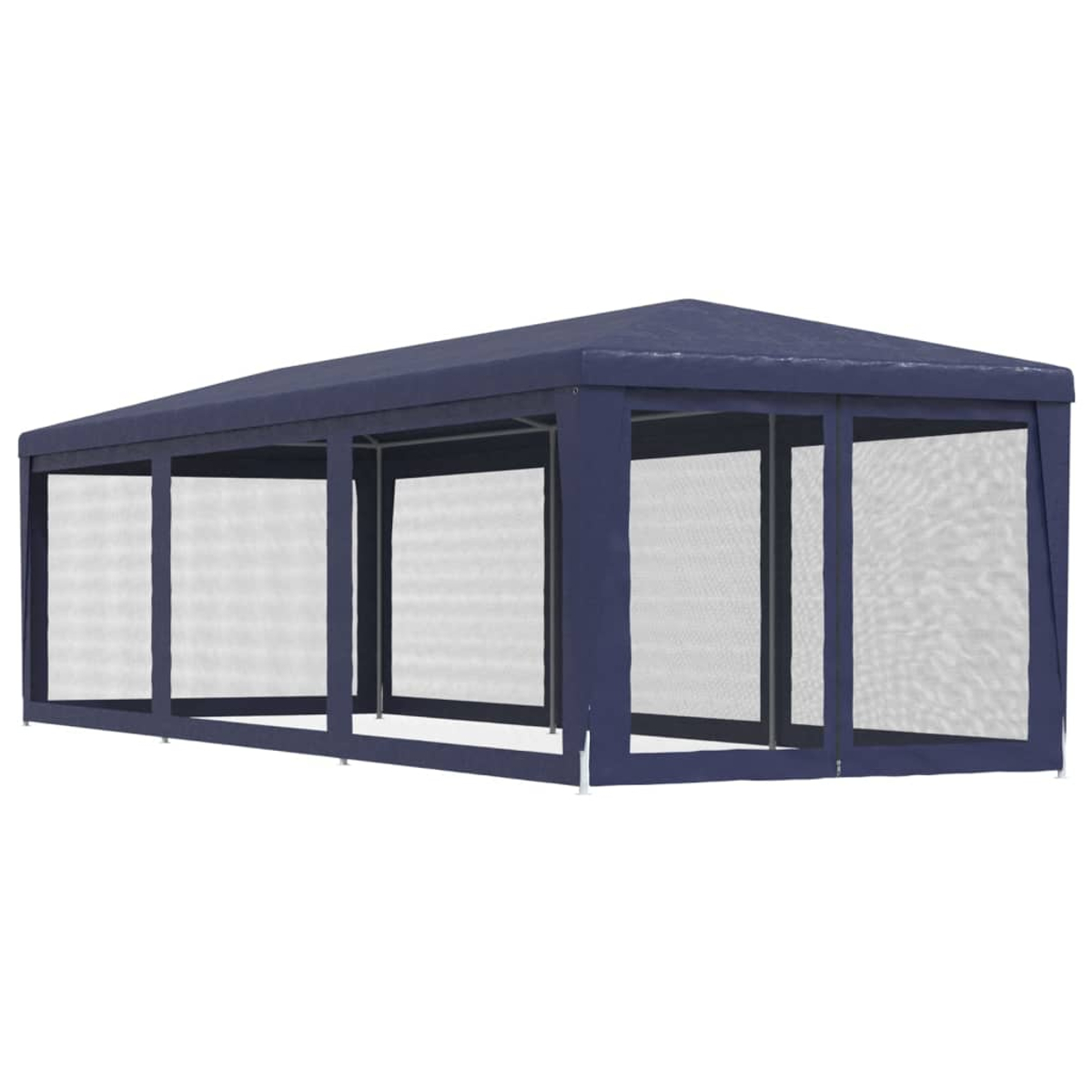 Marineblauer Pavillon mit Mesh-Fenstern, Seitenansicht. Rechteckige Form. Weißer Hintergrund.