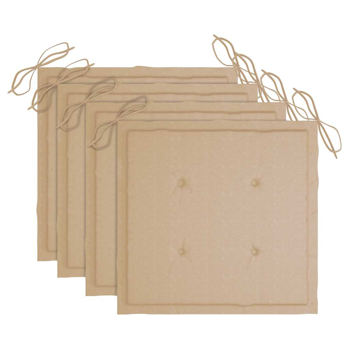 Fünf beige quadratische Kissen, jedes mit Bindebändern. Weißer Hintergrund.