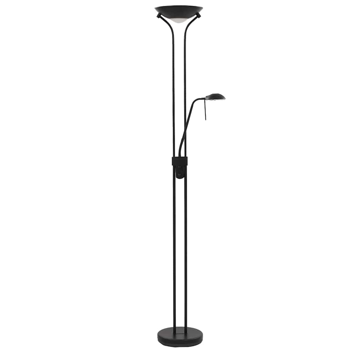 Schwarze Stehlampe mit zwei Leuchten. Weißer Hintergrund.