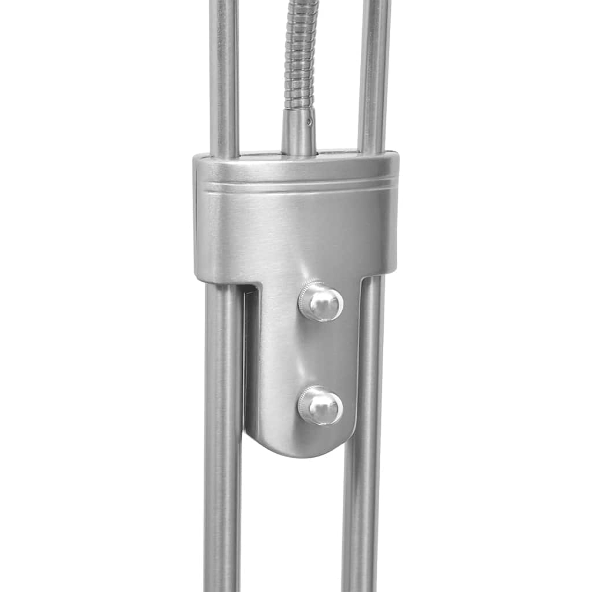 Nahaufnahme des Metallgelenks der Lampe mit Schrauben. Weißer Hintergrund.