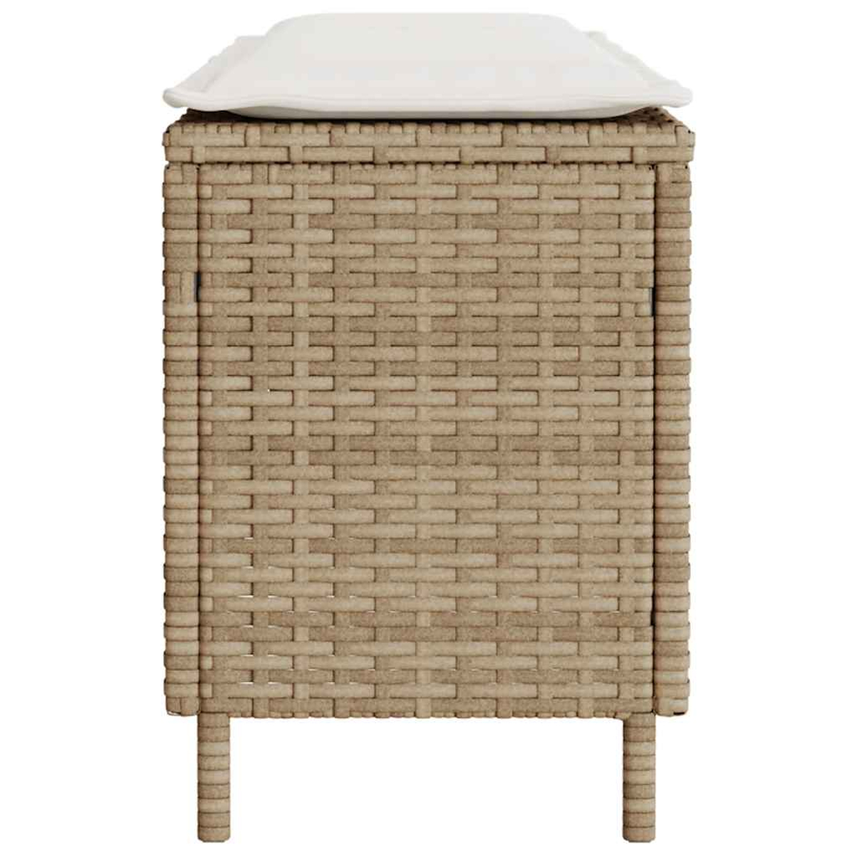 Wicker-Aufbewahrungsbox mit weißem Kissen oben.