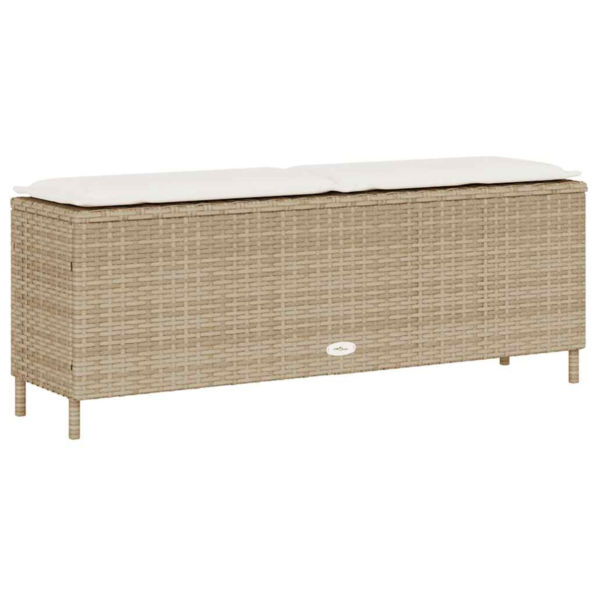 Beige Outdoor-Aufbewahrungsbank mit weißem Kissen. Die Bank hat kurze Beine.