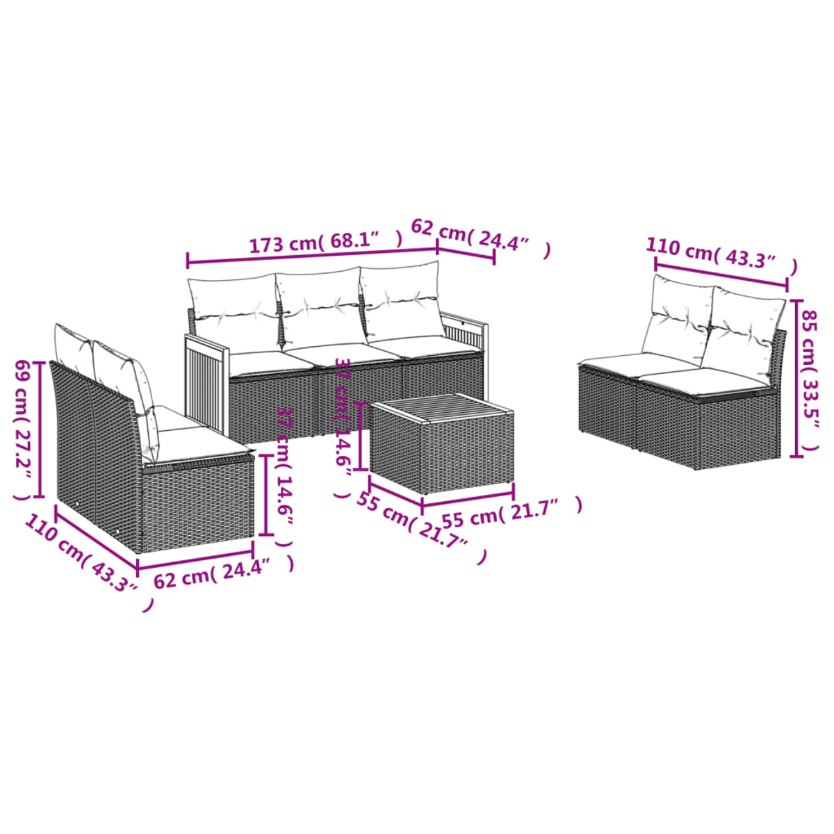 Gartenmöbel-Set aus Korbgeflecht. Enthält Sofa, zwei Stühle und einen Tisch, mit Abmessungen.