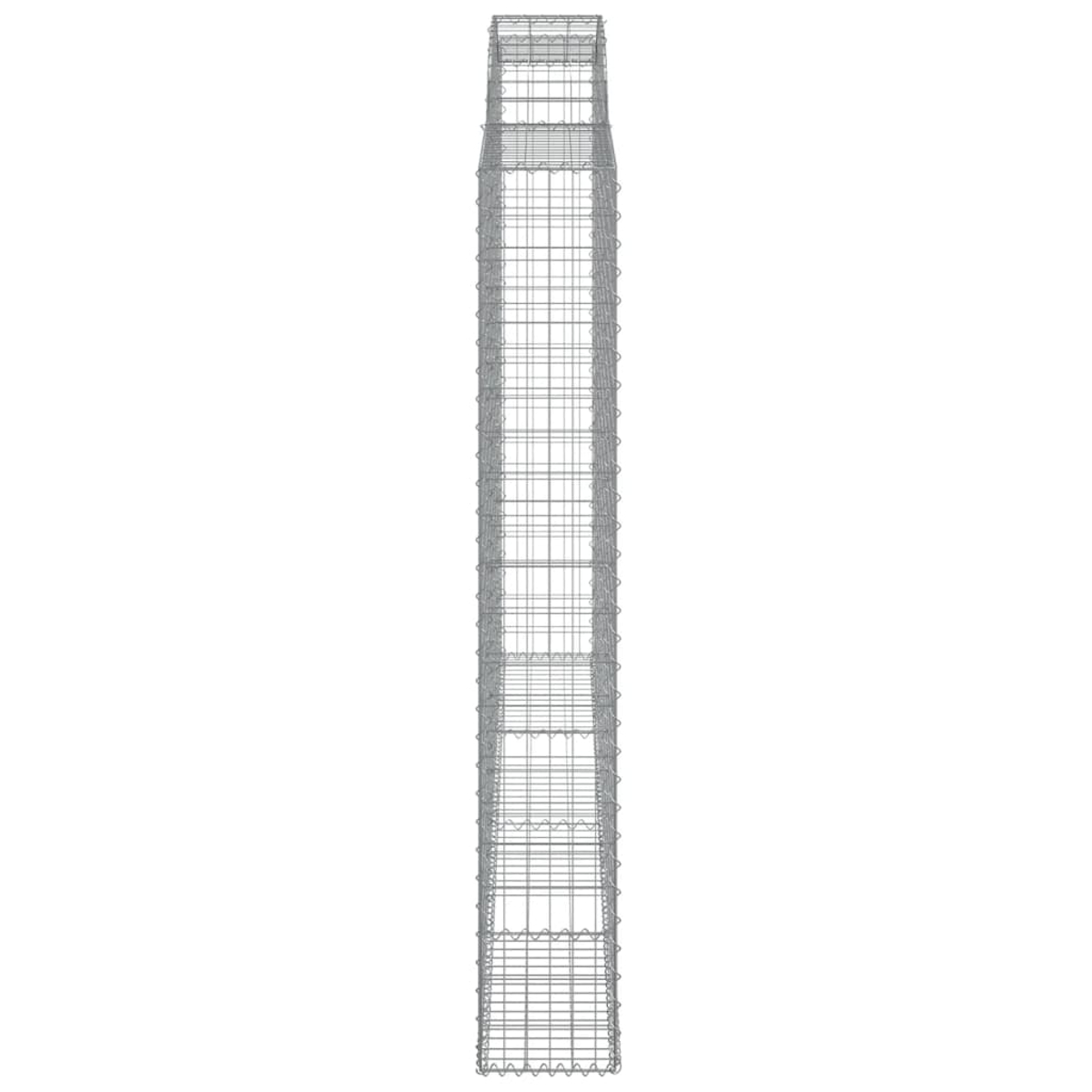 Hoher, rechteckiger Gabion, aus Drahtgeflecht. Steht aufrecht. Weißer Hintergrund.