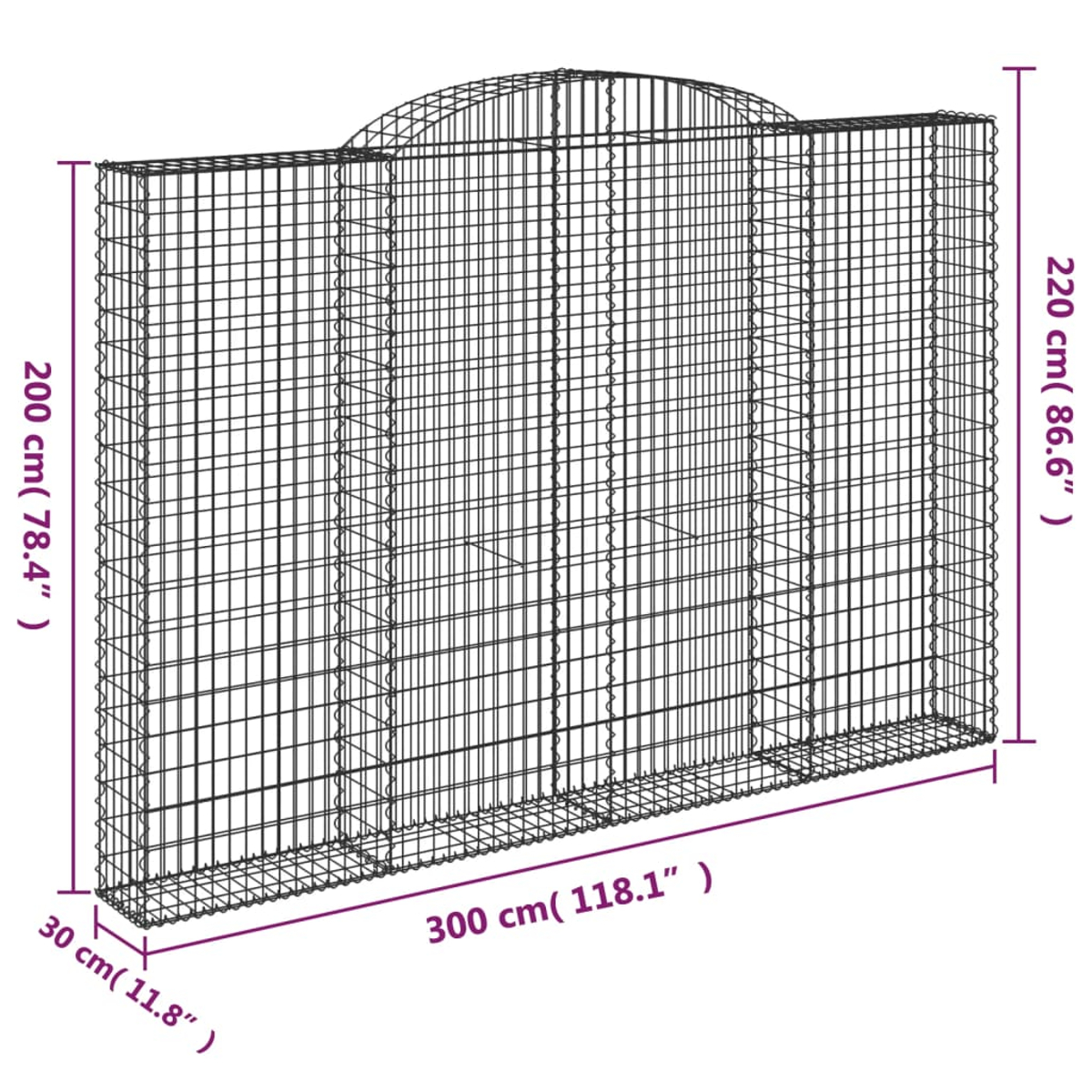 Großer Gabion mit gewölbter Oberseite. Drahtgeflechtkonstruktion. Abmessungen in cm und Zoll. Weißer Hintergrund.